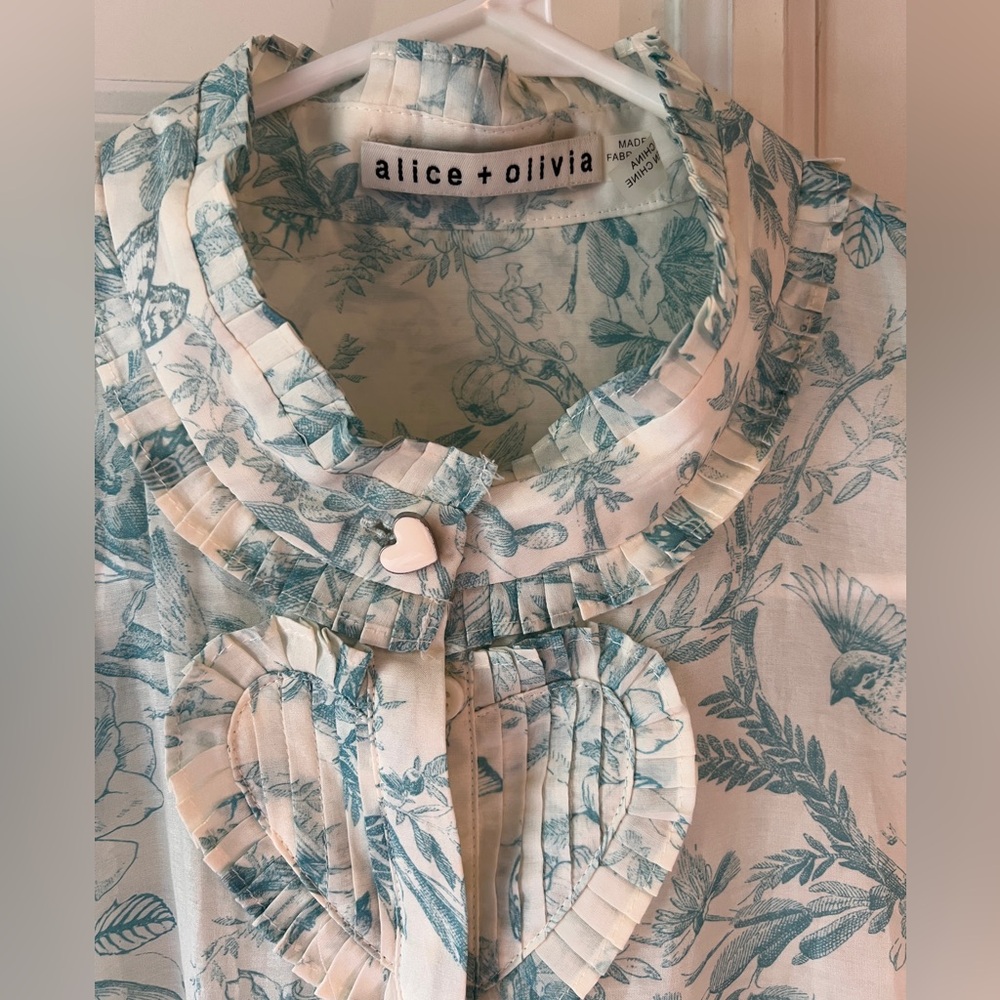 Alice + Olivia Teal and Cream Patterned Top